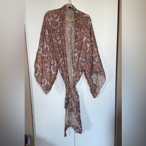 Rue De Seine Bridal Getting Ready Robe, Kimono Style Pink and Brown Paisley